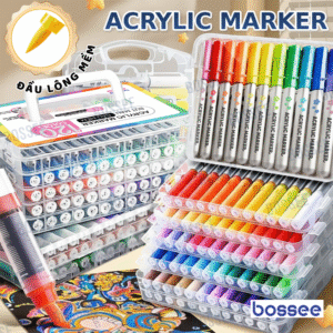 Bộ Bút Acrylic Marker Cao Cấp Bossee đầu Brush Hộp Tầng Cao Cấp - Tô Vẽ Mọi Chất Liệu Chống Nước - Bộ 24/36/48/60/72/84/96/108/120 Màu