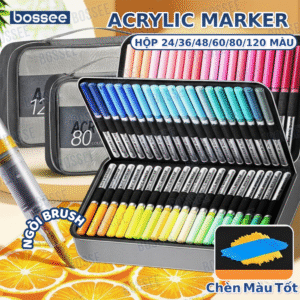 Hộp màu acrylic marker Bossee 24/36/48/60/72/80/100/120 màu - Họa cụ an toàn cho trẻ, vẽ nổi bật trên mọi chất liệu